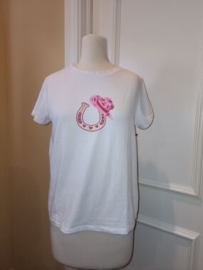 White Short Sleeve Tee with Pink Horseshoe & Hat Graphic